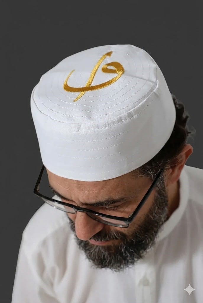 Elif Vav Nakışlı Kalıp Namaz Takkesi - Beyaz