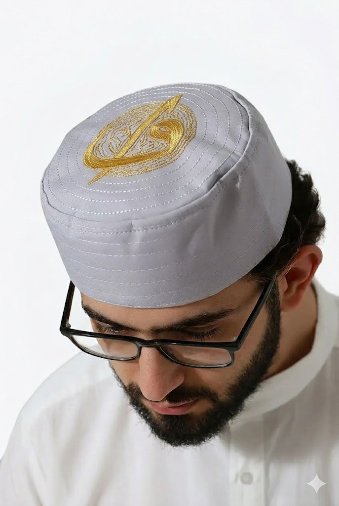 Elif Vav Nakışlı Kalıp Namaz Takkesi - Gri