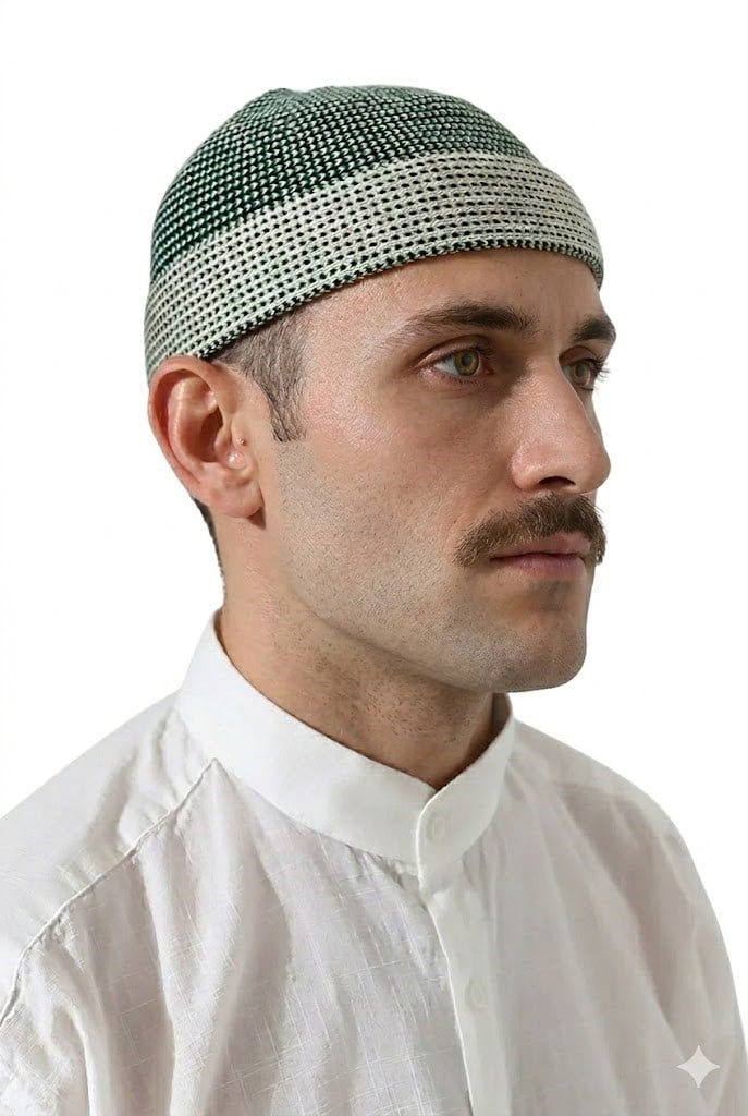 Erkek Kışlık Orlon Katlamalı Namaz Takkesi – Nokta Desenli - Yeşil