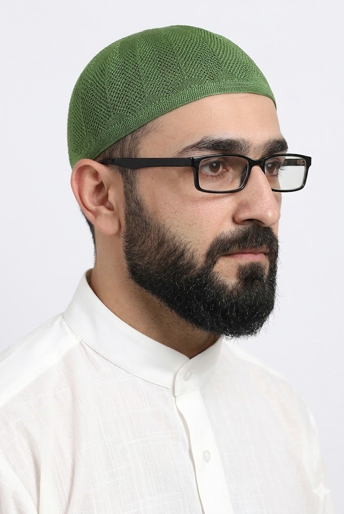 Fıstık Yeşili Safir Dantel Detaylı Örme Namaz Takkesi