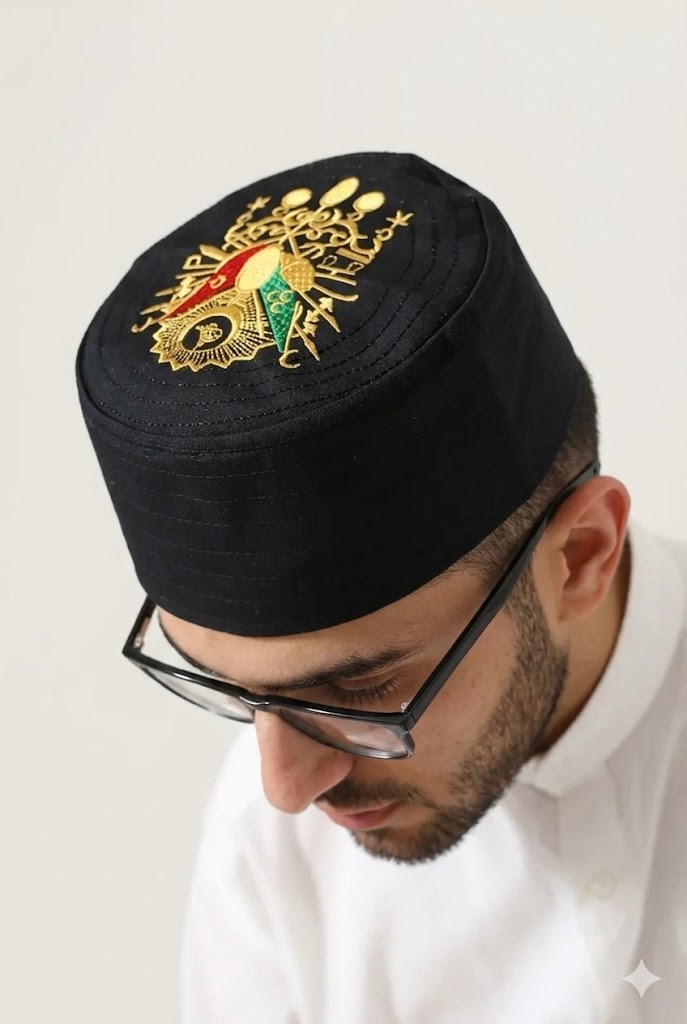 Osmanlı Arma Desenli Kalıp Kumaş Takke Siyah