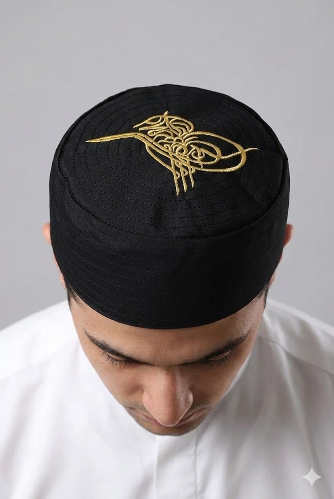 Osmanlı Tuğrası Nakışlı Kalıp Namaz Takkesi Siyah