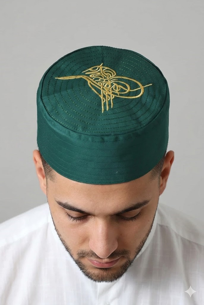 Osmanlı Tuğrası Nakışlı Kalıp Namaz Takkesi Yeşil
