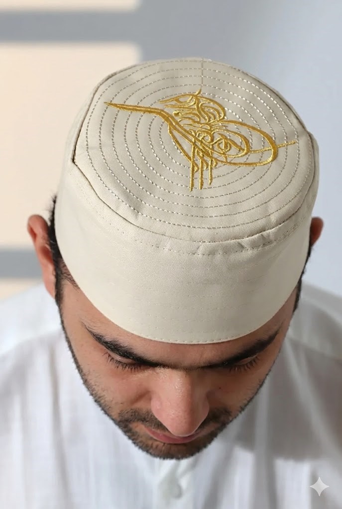 Osmanlı Tuğrası Nakışlı Kalıp Namaz Takkesi Bej