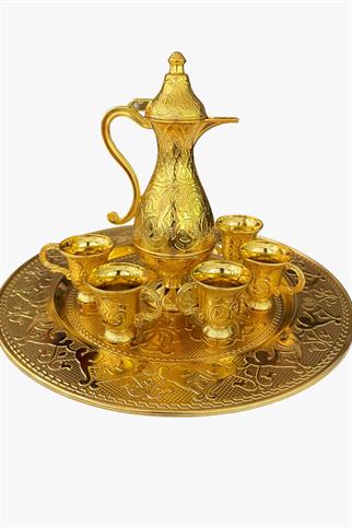 Altın Renkli Geleneksel Arap Kahvesi Takımı – Tepsili, Cezveli ve Fincanlı Hediyelik Set