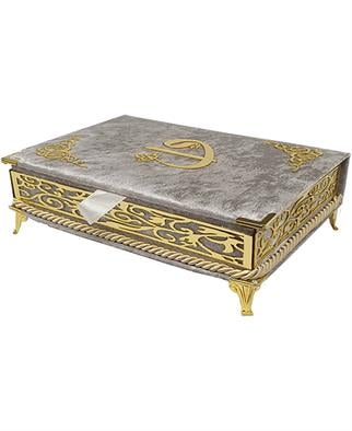 Babalar Günü Hediye Kadife Kutulu Orta Boy Sırmalı Ayaklı Kuran Gri