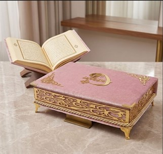 Babalar Günü Hediye Kadife Kutulu Orta Boy Sırmalı Ayaklı Kuran Pembe