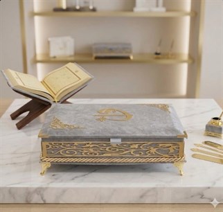 Babalar Günü Hediye Kadife Kutulu Orta Boy Sırmalı Ayaklı Kuran Gri