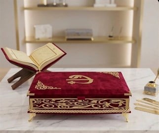 Babalar Günü Hediyesi Kadife Kutulu Orta Boy Sırmalı Kuran Kırmızı