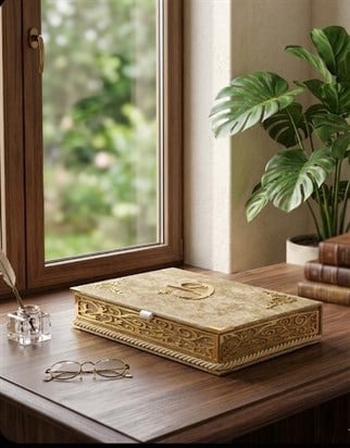 Babalar Günü Hediyesi Kadife Kutulu Orta Boy Sırmalı Kuran Bej