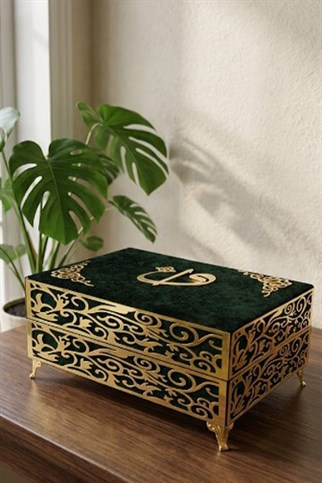 Babalar günü İçin Hediye Kadife Sandıklı Orta Boy Sırmalı Kuran Yeşil