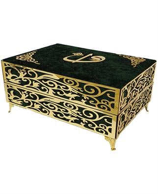 Babalar günü İçin Hediye Kadife Sandıklı Orta Boy Sırmalı Kuran Yeşil