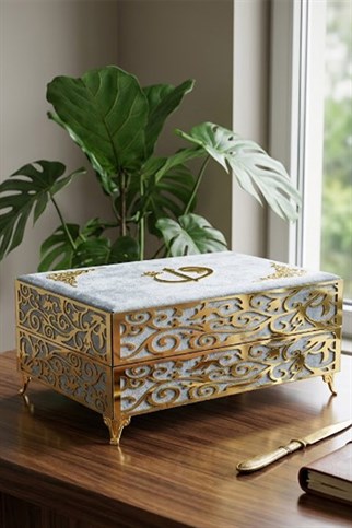 Babalar günü İçin Hediye Kadife Sandıklı Orta Boy Sırmalı Kuran Açık Mavi