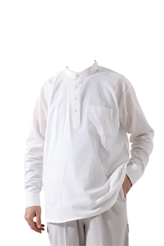 Beyaz Erkek Rahat Kesim 3 Düğmeli Hakim Yaka Hac ve Umre Keten Gömlek