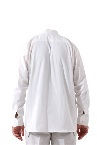 Beyaz Erkek Rahat Kesim 3 Düğmeli Hakim Yaka Hac ve Umre Keten Gömlek