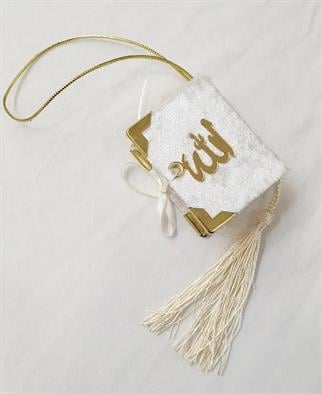 Beyaz Mini Kuran - Kadife Kaplı Allah Yazılı