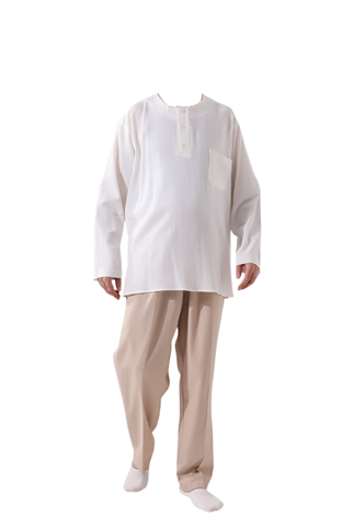 Krem Erkek Rahat Kesim 3 Düğmeli Hakim Yaka Hac ve Umre Keten Gömlek