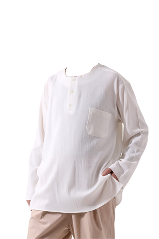 Krem Erkek Rahat Kesim 3 Düğmeli Hakim Yaka Hac ve Umre Keten Gömlek