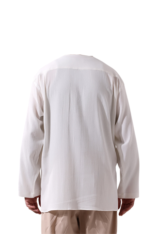 Krem Erkek Rahat Kesim 3 Düğmeli Hakim Yaka Hac ve Umre Keten Gömlek