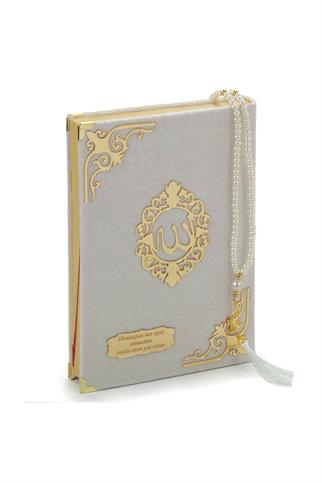 İsme Özel – Kadife Kaplı Beyaz Kuran-ı Kerim ve İnci Tespih