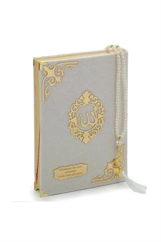 İsme Özel – Kadife Kaplı Beyaz Kuran-ı Kerim ve İnci Tespih