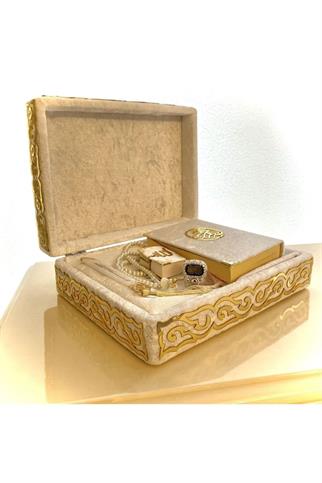 Kadife Kaplı Sandıklı Kuranı Kerim Seccade Ve Hediyelik Çeyiz Set Ekru Renk