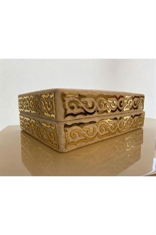 Kadife Kaplı Sandıklı Kuranı Kerim Seccade Ve Hediyelik Çeyiz Set Ekru Renk