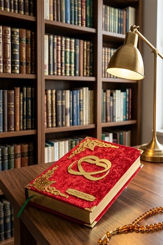 Kadife Kaplı Vav Figürlü İsme Özel Pleksili Orta Boy Kuran-ı Kerim Kırmızı