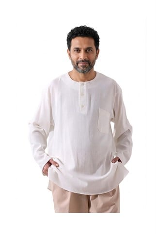 Krem Erkek Rahat Kesim 3 Düğmeli Hakim Yaka Hac ve Umre Keten Gömlek