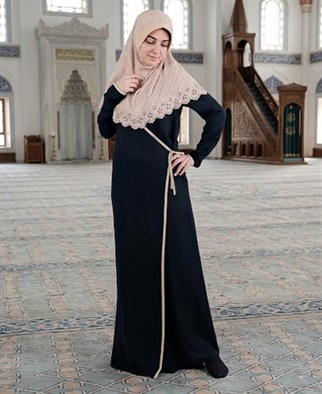 Pamuk Viskonlu Lacivert Desensiz Yandan Bağlamalı Namaz Elbisesi