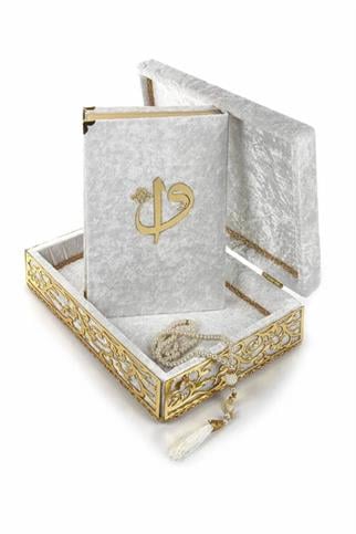 Pleksi Süslemeli Hediyelik Kadife Kaplı Kutulu Kuranı Kerim | Ekru Renk