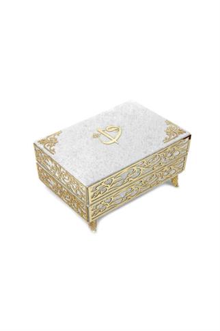 Pleksi Süslemeli Hediyelik Kadife Kaplı Kutulu Ayaklı Kuranı Kerim | Krem Renk