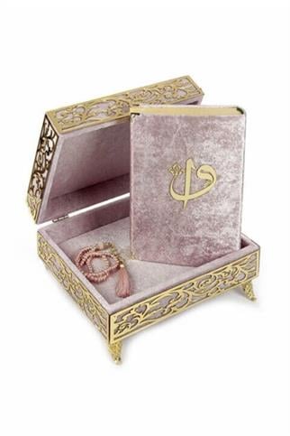 Pleksi Süslemeli Kadife Sandıklı Kuranı Kerim | Pudra Renk