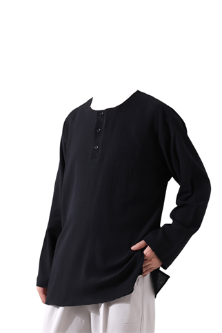 Siyah Erkek Rahat Kesim 3 Düğmeli Hakim Yaka Hac ve Umre Keten Gömlek