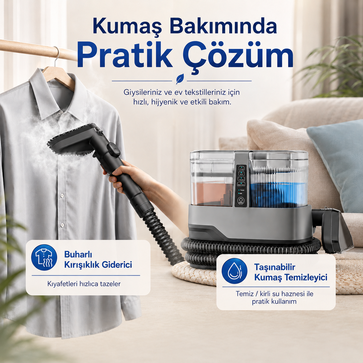 Evde Profesyonel Temizlik Deneyimi: 4 Modlu Çok Amaçlı Buharlı Koltuk ve Halı Yıkama Makinesi