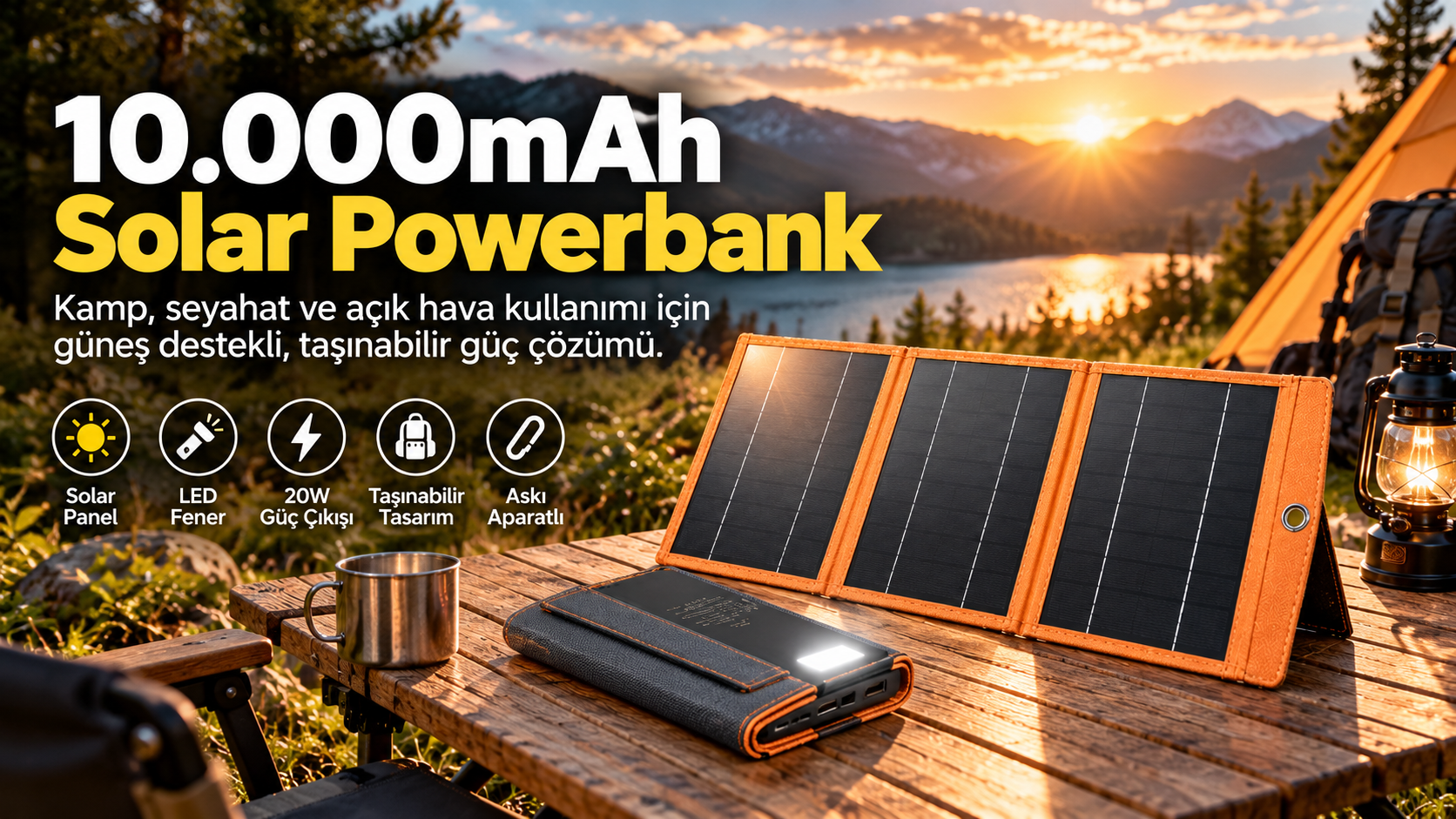 Kampta Telefonunuz Şarjsız Kalmasın: 10.000mAh Güneş Enerjili Powerbank