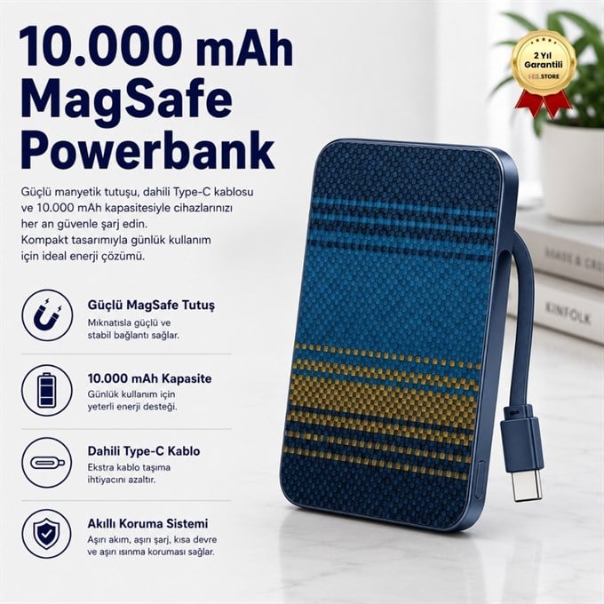  10.000 mAh Dahili Magsafe Type-C Kablolu Powerbank Karbon Desenli Taşınabilir Şarj Cihazı