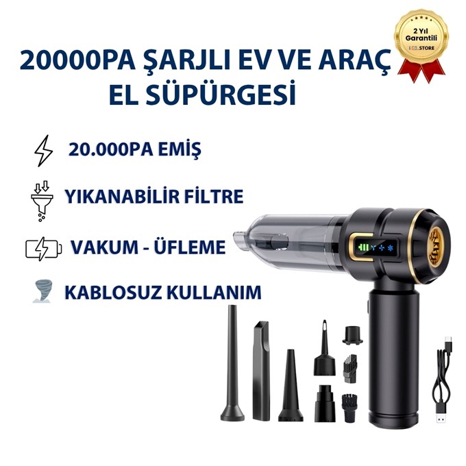   20000Pa Emiş Güçlü Taşınabilir Şarjlı Ev ve Araç Süpürgesi