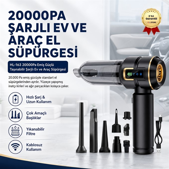   20000Pa Emiş Güçlü Taşınabilir Şarjlı Ev ve Araç Süpürgesi