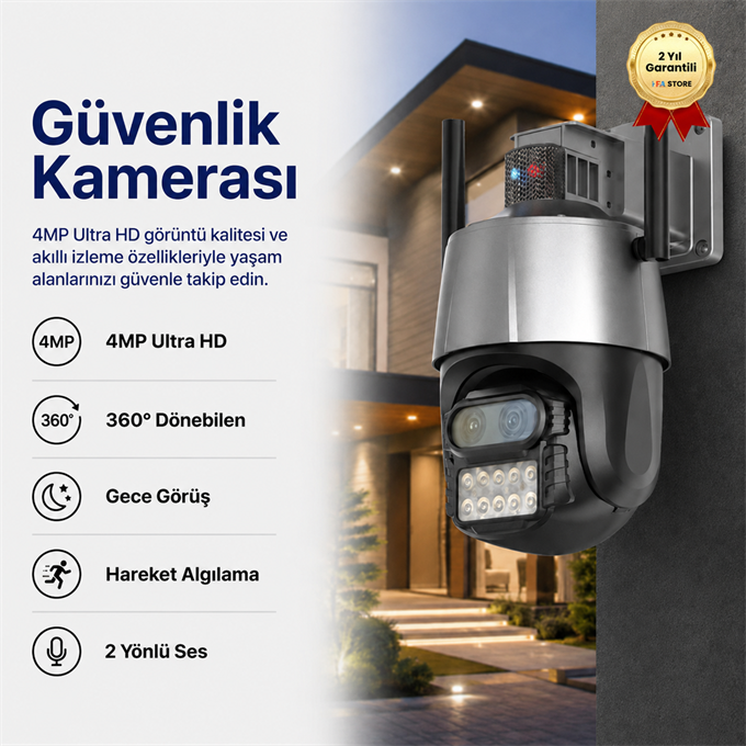  4MP Ultra HD Kablosuz Güvenlik Kamerası, 360° Dönebilen Wi-Fi Kamera, Gece Görüş, Hareket Algılama, 2 Yönlü Ses, Uzaktan İzleme | HZLSTORE