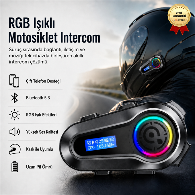  5.3 İki Telefon Uyumlu Yeni Nesil RGB Işıklı Intercom Motosiklet Kask Kulaklık Motorsiklet Intercom