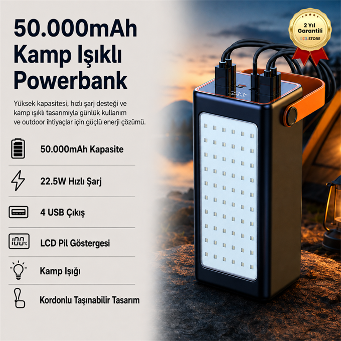  50.000mAh 22.5W Hızlı Şarj, 4 USB Çıkışlı, LCD Göstergeli Kordonlu Taşınabilir Kamp Işıklı Powerbank 