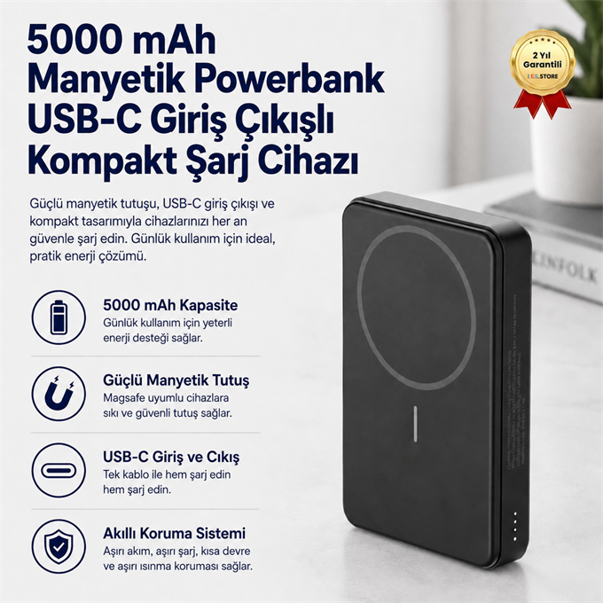  5000 mAh Manyetik Wireless Powerbank USB-C Giriş Çıkışlı Kompakt Şarj Cihazı