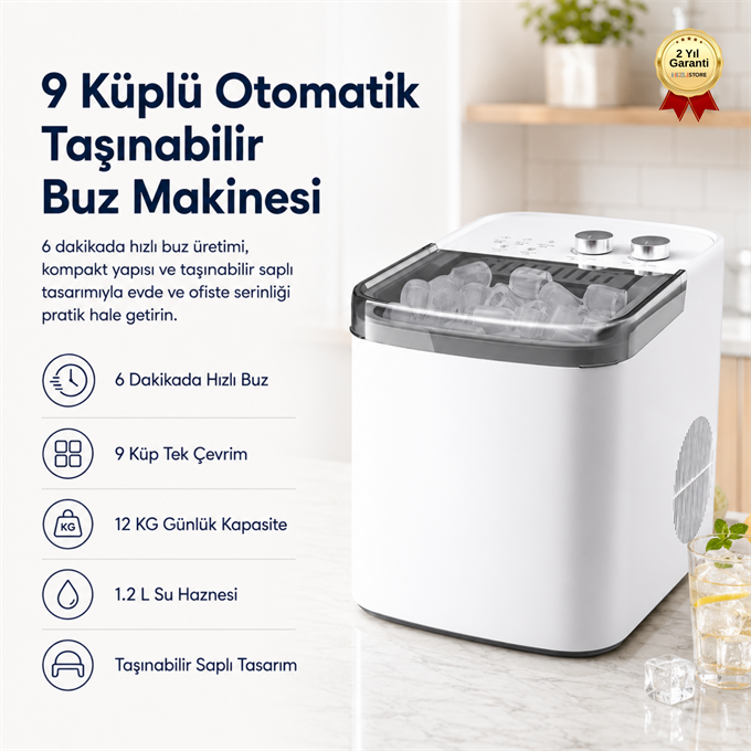  9 Küplü Otomatik Taşınabilir Saplı, 6 Dakikada Hızlı Buz Üretimi Mini Ev Tipi Buz Makinesi