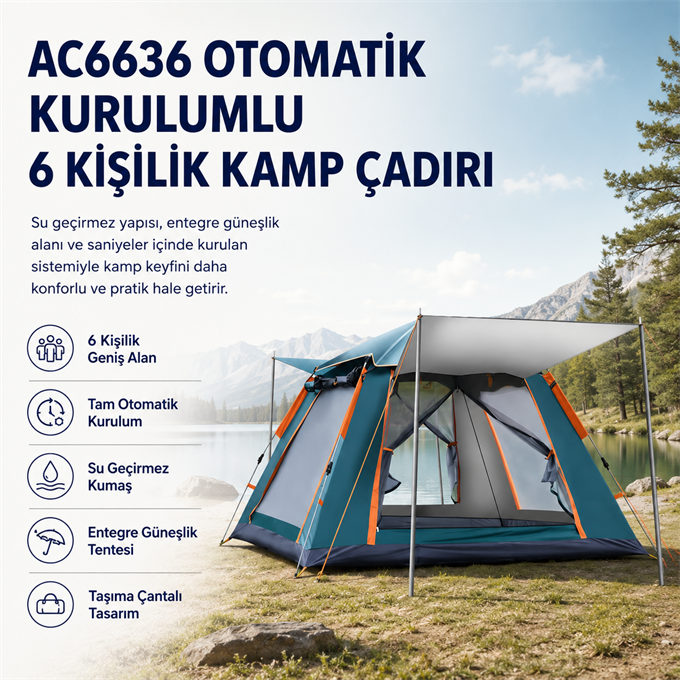  AC6636 Otomatik Kurulumlu, Su Geçirmez & Güneşlikli 6 Kişilik Kamp Çadırı