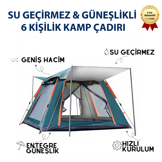 AC6636 Otomatik Kurulumlu, Su Geçirmez & Güneşlikli 6 Kişilik Kamp Çadırı