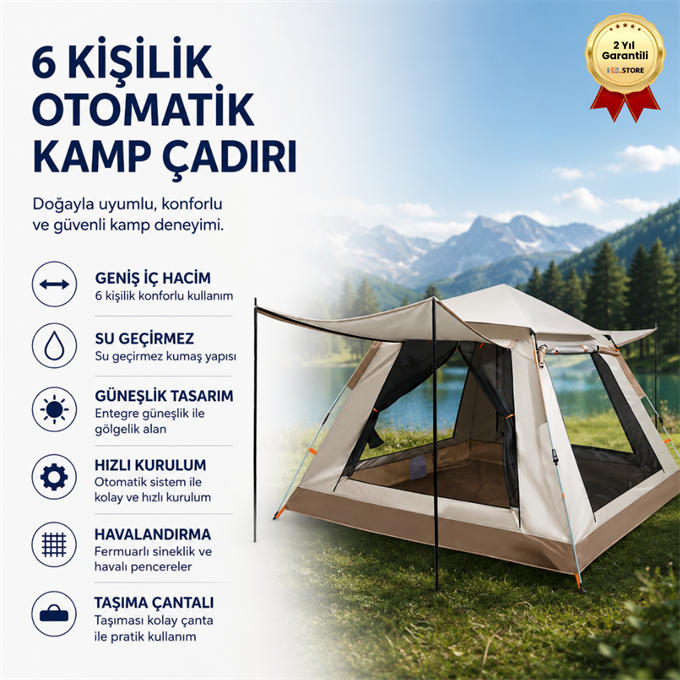  AC6637 Su Geçirmez & Güneşlikli 6 Kişilik Otomatik Kamp Çadırı