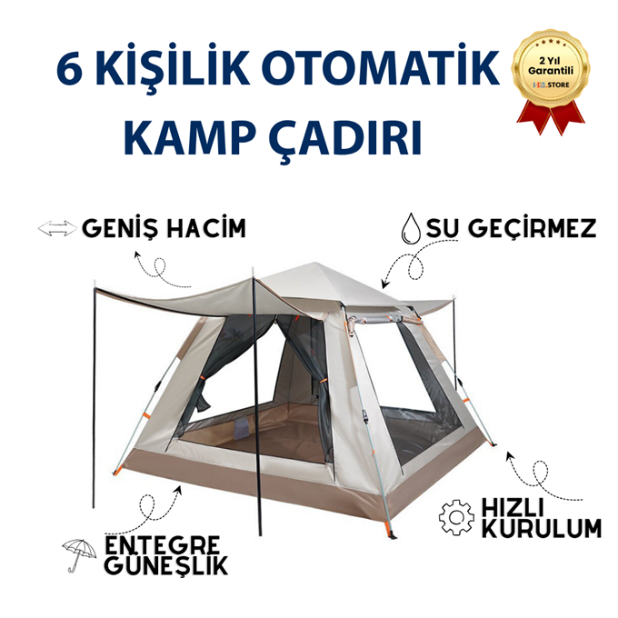  AC6637 Su Geçirmez & Güneşlikli 6 Kişilik Otomatik Kamp Çadırı