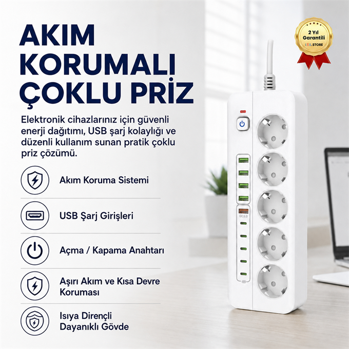  Akım Korumalı Çoklu Priz – USB Girişli, Anahtarlı, Yüksek Güvenlikli Elektrik Prizi