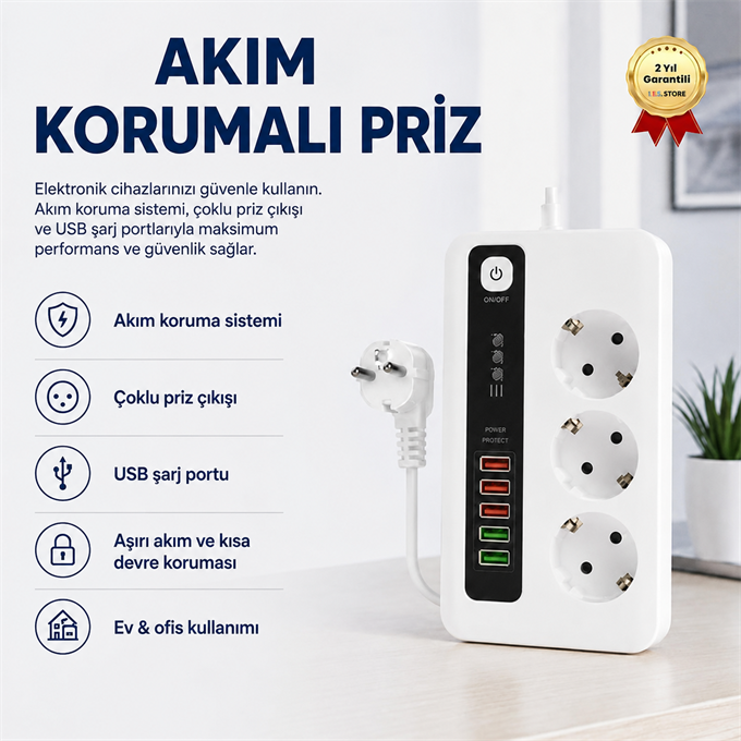  Akım Korumalı Çoklu Priz – USB Girişli, Anahtarlı, Yüksek Güvenlikli Priz Ünitesi